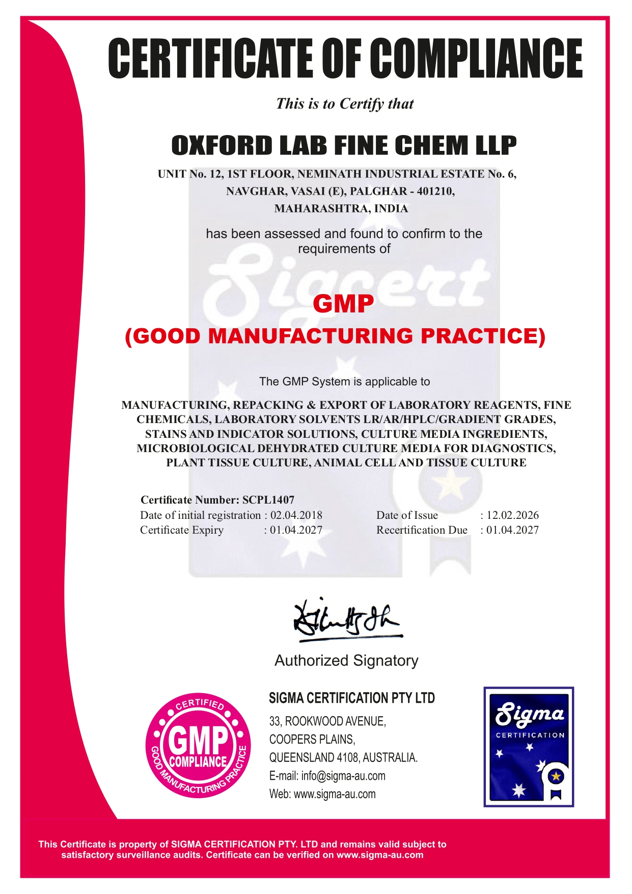 GMP CERTIFICATE